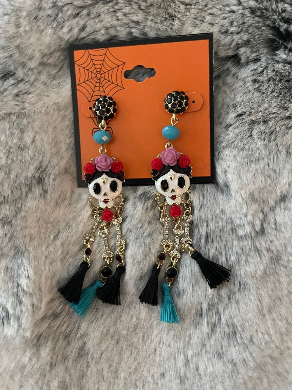 Colorful Day of the Dead Skull Tassel Earrings - Black, Turquoise, Pink, Red